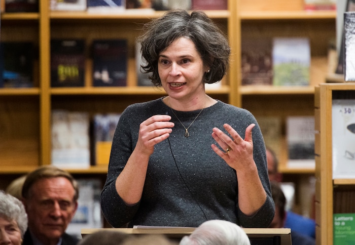 (Rick Egan  |  The Salt Lake Tribune)   Kate Holbrook, managing historian of women's history at the LDS Church History, speaks at Benchmark Books in Salt Lake City, Wednesday, January 17, 2018.