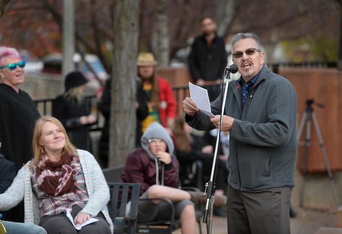 (Scott Sommerdorf   |  The Salt Lake Tribune)   
Mike Norton turns to face the LDS Temple as he gives his speech directed at church authorities as he speaks at the 8th annual mass resignation in City Creek Park, Sunday, November 5, 2017. 
