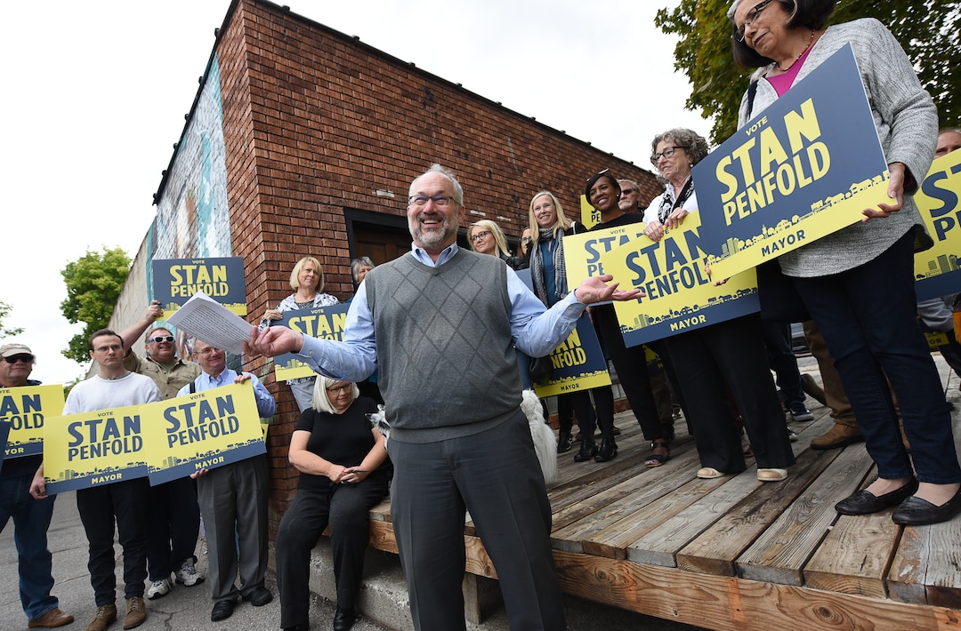 (Francisco Kjolseth  |  The Salt Lake Tribune)  Former Salt Lake City Councilman Stan Penfold announces his bid for mayor surrounded by supporters in the 9th East and 9th South area of Salt Lake City on Thursday, Oct. 4, 2018.