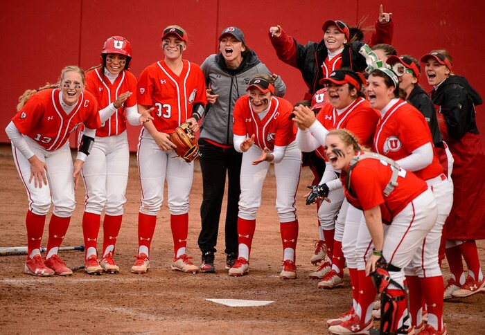 (Trent Nelson | The Salt Lake Tribune)  Utah Utes host the BYU Cougars, NCAA softball in Salt Lake City, Wednesday April 18, 2018. Utes celebrate Utah infielder Ryley Ball's home run.
