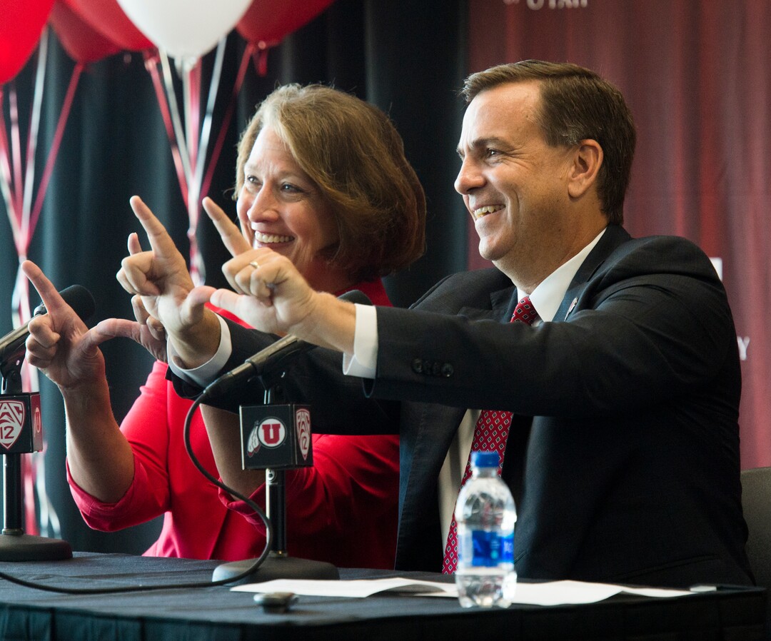 (Rick Egan  |  The Salt Lake Tribune)   University of Utah President Ruth V. Watkins introduces its new athletic director Mark Harlan during a news conference at the Rice-Eccles Stadium,  Monday, June 4, 2018.