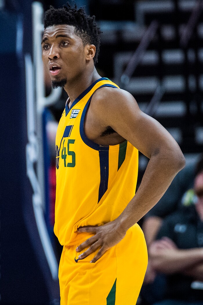 (Chris Detrick  |  The Salt Lake Tribune)  Utah Jazz guard Donovan Mitchell (45) during the game at Vivint Smart Home Arena Thursday, March 15, 2018. Utah Jazz defeated Phoenix Suns 116-88.
