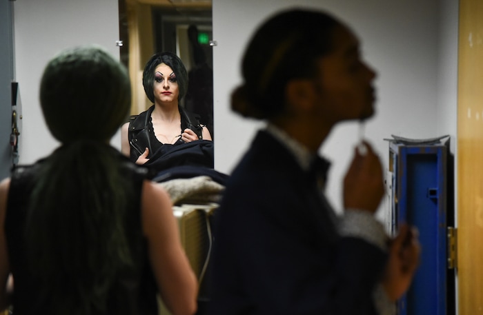 (Francisco Kjolseth  |  The Salt Lake Tribune)  Madame LaCrude drag queen Bryson LaBar, left, and emcee Alexis Cooper, both students at Utah State University, get ready to go on stage for the schools very first drag show. 