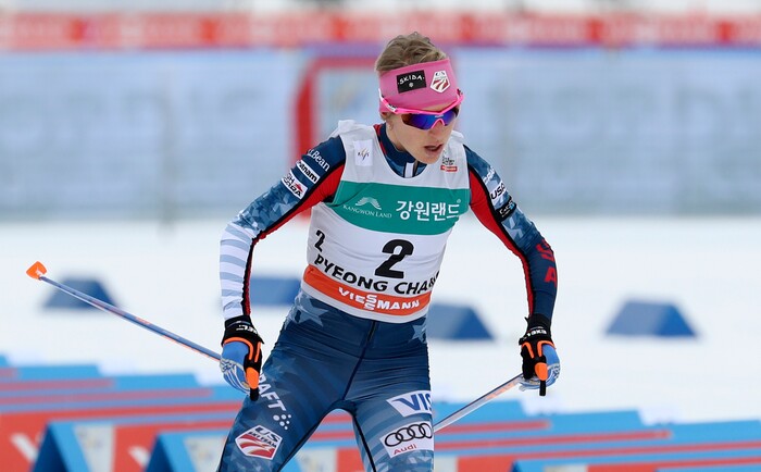 Second placed Elizabeth Stephen of the United States skis during the ladies skiathlon 7.5 km classic and 7.5 km free event of the FIS Cross Country World Cup in Pyeongchang, South Korea, Saturday, Feb. 4, 2017. The World Cup competition is also a test event for the PyeongChang 2018 Winter Olympics. (AP Photo/Lee Jin-man)