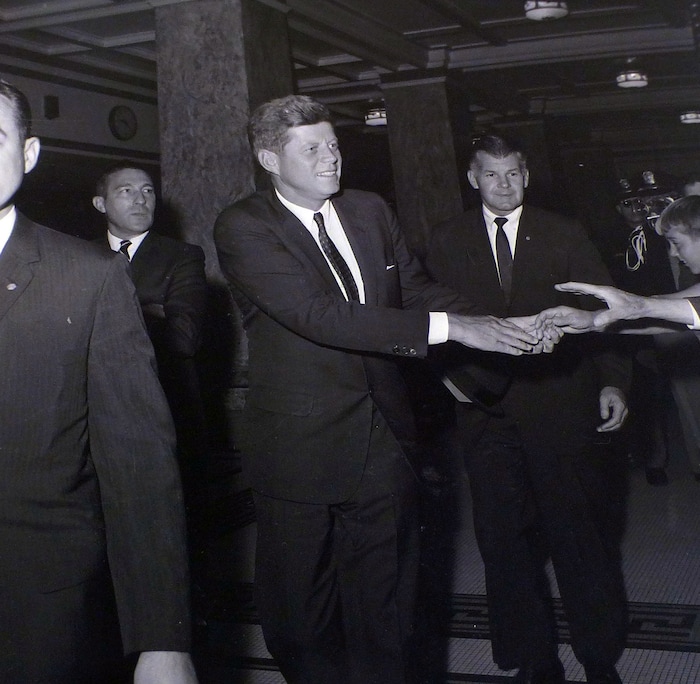 photo courtesy Utah State Historical Society
John F. Kennedy greets people at the Hotel Utah before giving a speech at Temple Square on September 26, 1963.