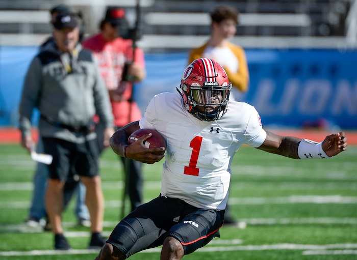 (Francisco Kjolseth  |  The Salt Lake Tribune)  The Utah Utes hold their Spring scrimmage at Rice Eccles stadium on Saturday, March 30, 2019.