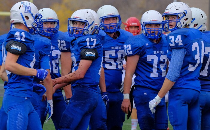(Leah Hogsten  |  The Salt Lake Tribune) Beaver offensive line looks at how much time they have to get off a play.  Beaver High School boys' football team defeated Delta High School 35-16 during their class 2A state semifinal football game Saturday, November 4, 2017 at Weber State University's Stewart Stadium.