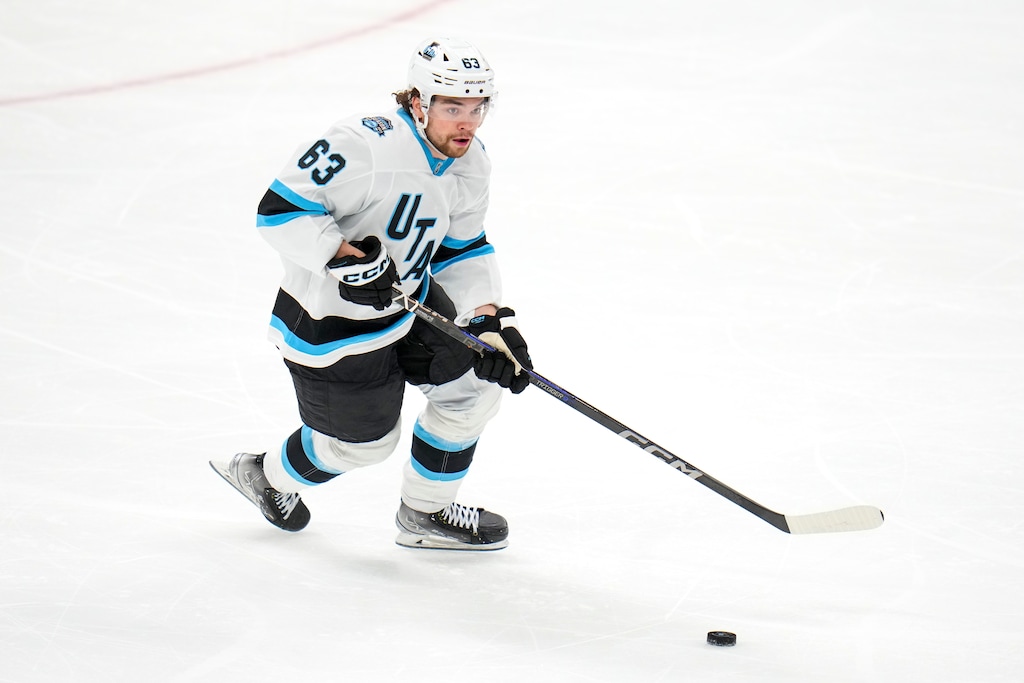 Utah Hockey Club left wing Matias Maccelli skates with the puck against the Dallas Stars during the third period of an NHL hockey game, Saturday, Jan. 4, 2025, in Dallas. The Stars won 3-2 in overtime. Maccelli scored both of Utah's goals in the game.(AP Photo/Julio Cortez)