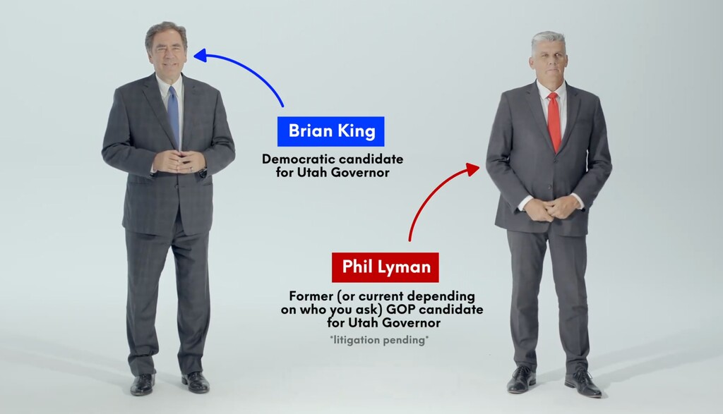 (King for Utah via X) A campaign ad featuring Democratic gubernatorial candidate Brian King, left, and former Republican and current write-in candidate Phil Lyman.