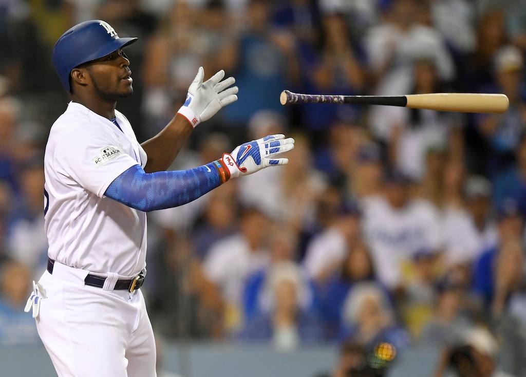 Los Angeles Dodgers' Yasiel Puig celebrates after a single against the Arizona Diamondbacks during the fourth inning of Game 2 of baseball's National League Division Series in Los Angeles, Saturday, Oct. 7, 2017. (AP Photo/Mark J. Terrill)