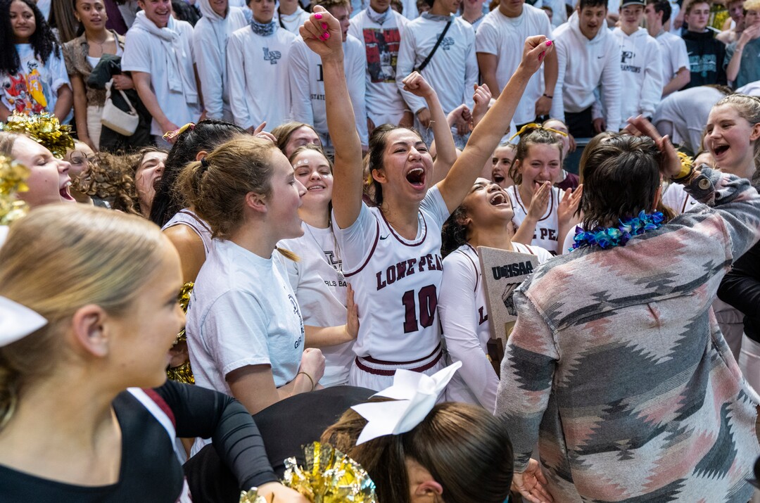 (Rick Egan | The Salt Lake Tribune) Lone Peak celebrates their 67-65 double-overtime win over Fremont, in the 6A State Championship game, at the Marriott Center in Provo, on Saturday, March 5, 2022.  Lone Peak guard Makeili Ika (3), hit the winning shot with .5 seconds left on the clock. 