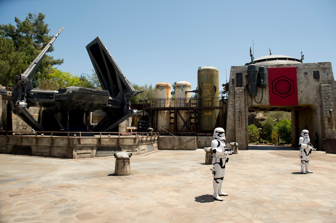(Jeremy Harmon  |  The Salt Lake Tribune) First Order Stormtroopers patrol an area at Star Wars: Galaxy's Edge in Anaheim, Ca. on Wednesday, May 29, 2019.