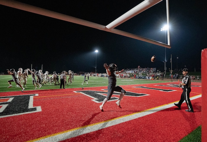 (Francisco Kjolseth | The Salt Lake Tribune) The Park City Miners celebrate their 24-23 win over East High In prep football action at Park City on Friday, Sept. 3, 2021, as a final attempt at a field goal by East to potentially tie the game falls short.