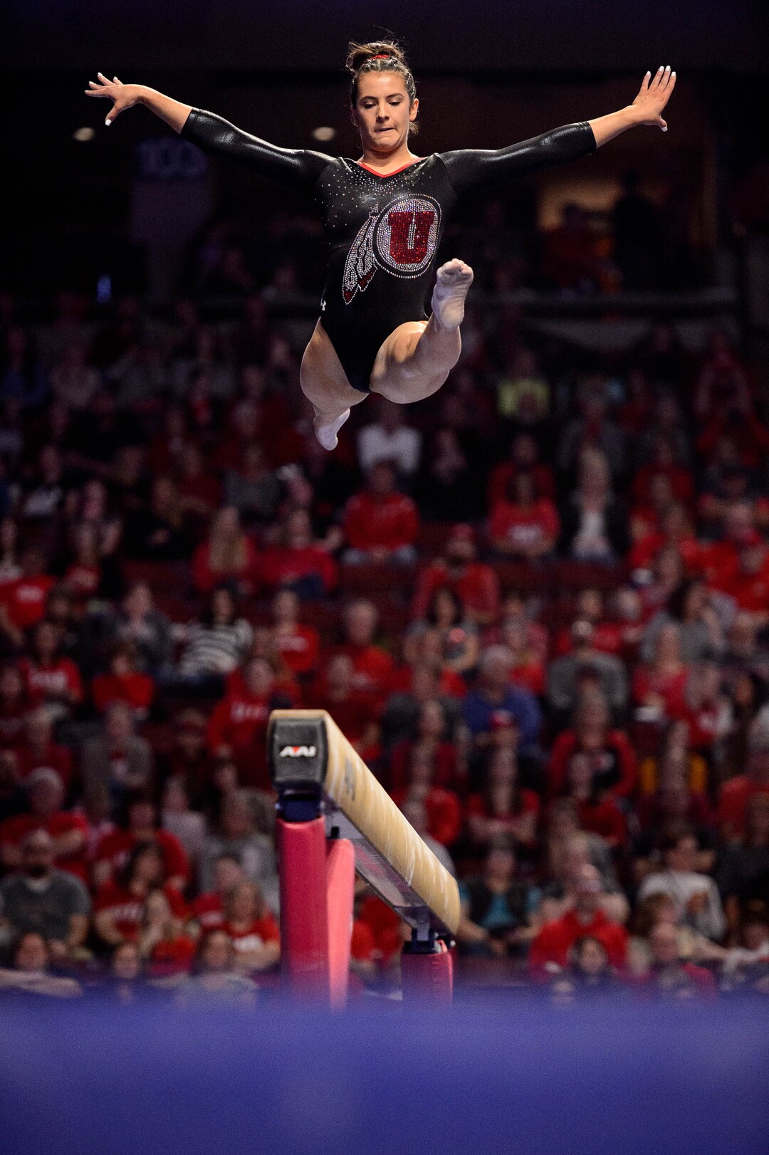 (Trent Nelson  |  The Salt Lake Tribune) Utah's Alexia Burch on the beam at the Best of Utah NCAA Gymnastics Meet in West Valley City on Saturday, Jan. 11, 2020.