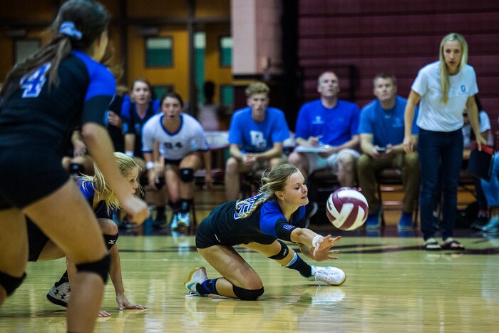 (Chris Detrick  |  The Salt Lake Tribune)    Pleasant Grove's Ryley Daniel (25) dives for the ball during the volleyball match at Lone Peak High School Tuesday, September 5, 2017. 