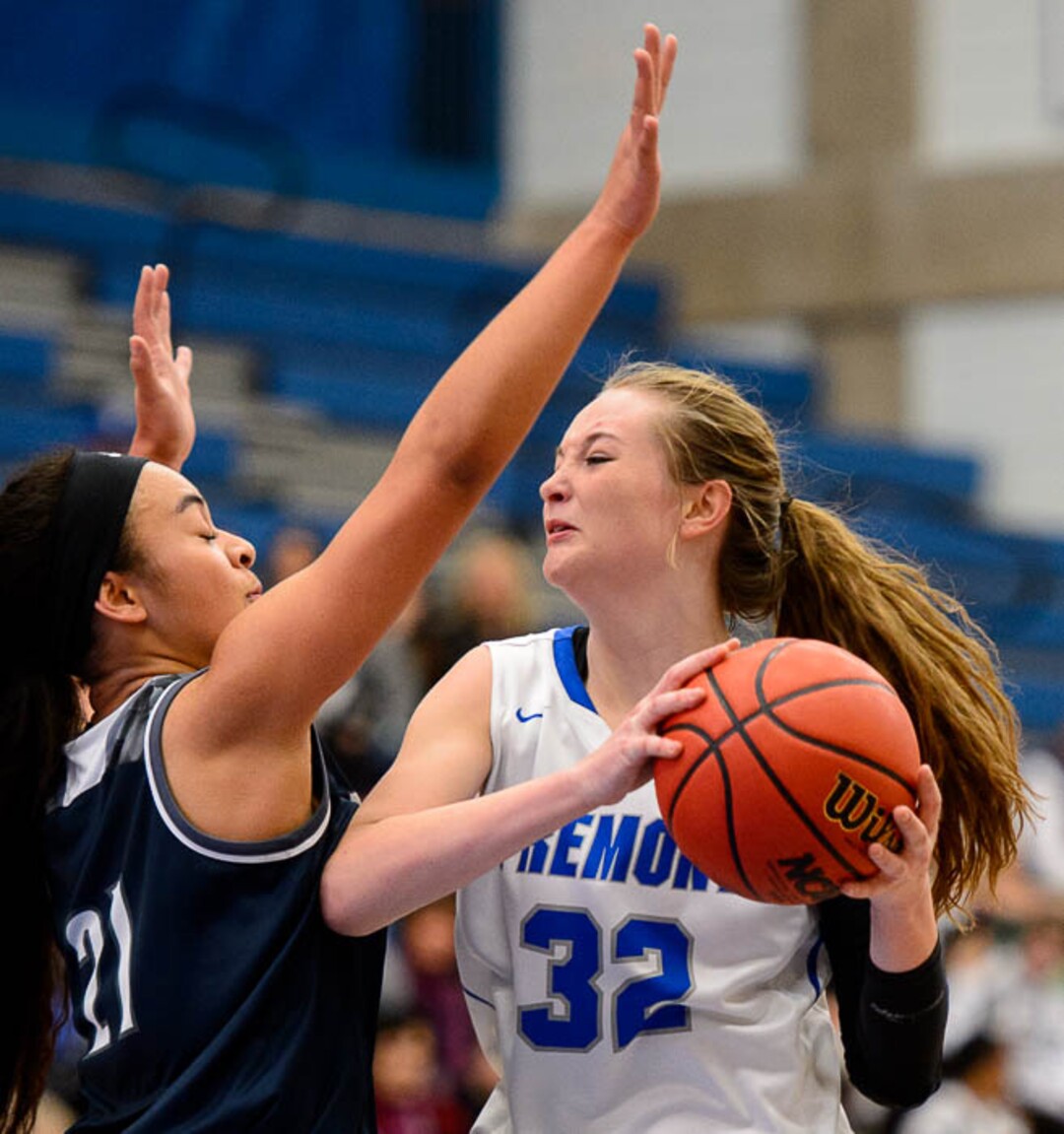 (Trent Nelson | The Salt Lake Tribune)  Hunter's Angel Lui (21) and Fremont's Haylee Doxey (32) as Hunter faces Fremont in the 6A High School Girls' Basketball Tournament at SLCC in Taylorsville, Tuesday Feb. 20, 2018.