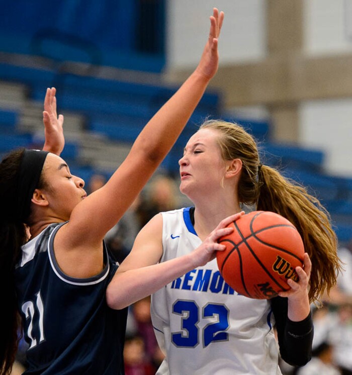 (Trent Nelson | The Salt Lake Tribune)  Hunter's Angel Lui (21) and Fremont's Haylee Doxey (32) as Hunter faces Fremont in the 6A High School Girls' Basketball Tournament at SLCC in Taylorsville, Tuesday Feb. 20, 2018.