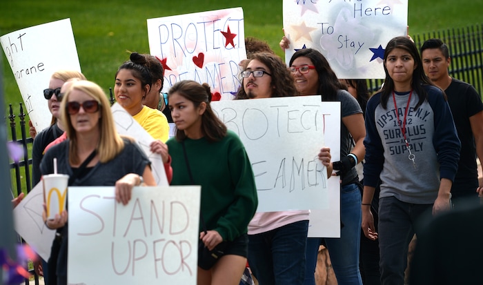 (Leah Hogsten  |  The Salt Lake Tribune) Hundreds of “We are Dreamers,” a Utah pro-Deferred Action for Childhood Arrival (DACA) group, marched in solidarity from the Utah Federal Building to the State Capitol with undocumented immigrants who will be affected by the end of DACA. 