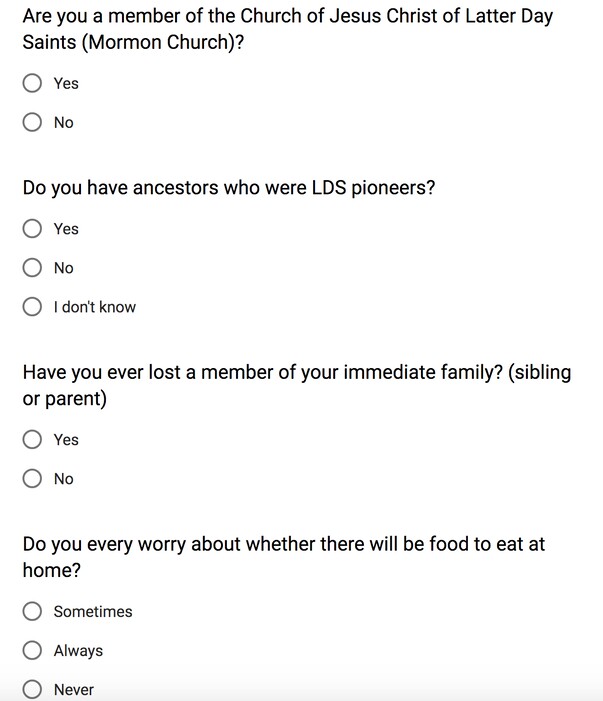 (Screenshot courtesy of Canyons School District) These are some of the questions 7th grade students at Indian Hills Middle School were asked in an unapproved survey on Wednesday, August 22, 2018.