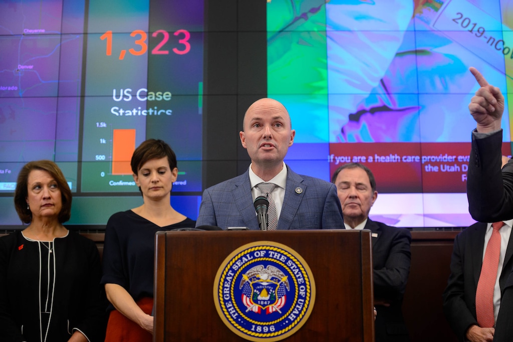 (Trent Nelson  |  Tribune file photo) Lt. Gov. Spencer J. Cox speaks at a news conference in the state's Emergency Operations Center, March 12, 2020, addressing the current state of COVID-19 in Utah. Representatives from the Utah System of Higher Education, the Utah Board of Education, Utah Jazz, local health authorities and Utah Department of Health were also present.