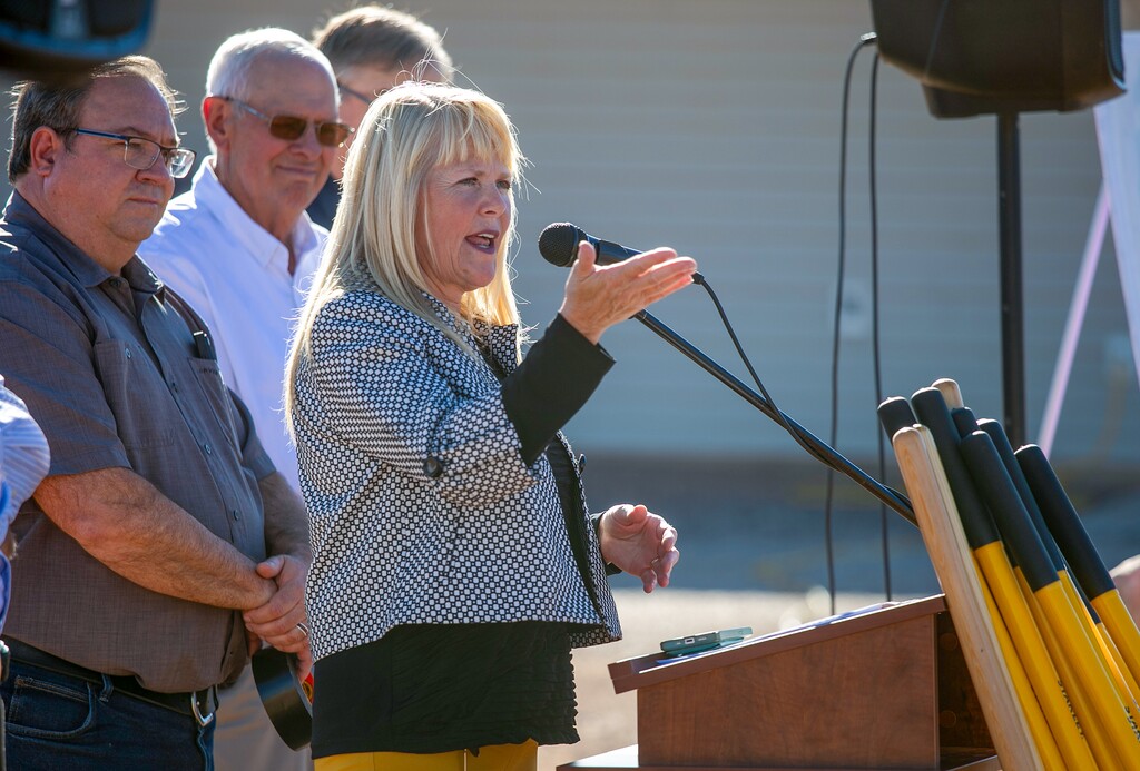(Jud Burkett | Special to The Tribune) Hurricane Mayor Nanette Billings addresses those on hand for a groundbreaking event for a new recreation center Tuesday, Sep. 19, 2023 in Hurricane. Billings used her time at the podium to explain the financing of the center and to address the concerns of handful of spectators opposed to the naming of the new facility after Robert Lichfield, the founder of several troubled-teen programs.