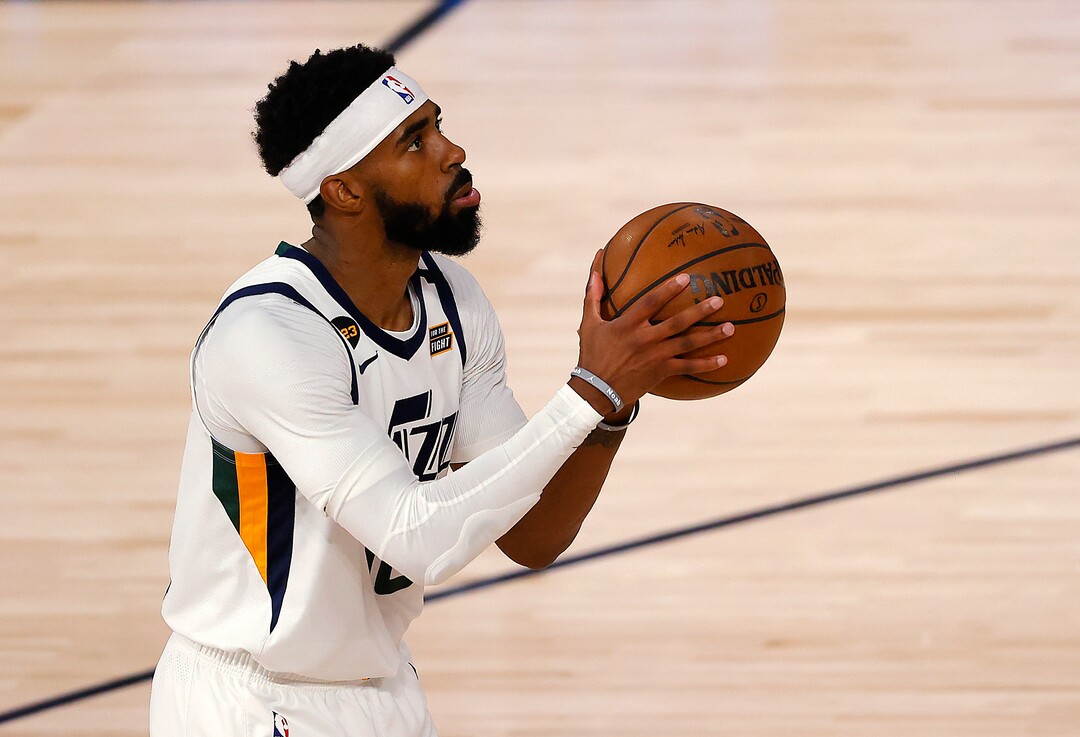 Utah Jazz's Mike Conley shoots during the third quarter against the Denver Nuggets in Game 5 of an NBA basketball first-round playoff series, Tuesday, Aug. 25, 2020, in Lake Buena Vista, Fla. (Mike Ehrmann/Pool Photo via AP)