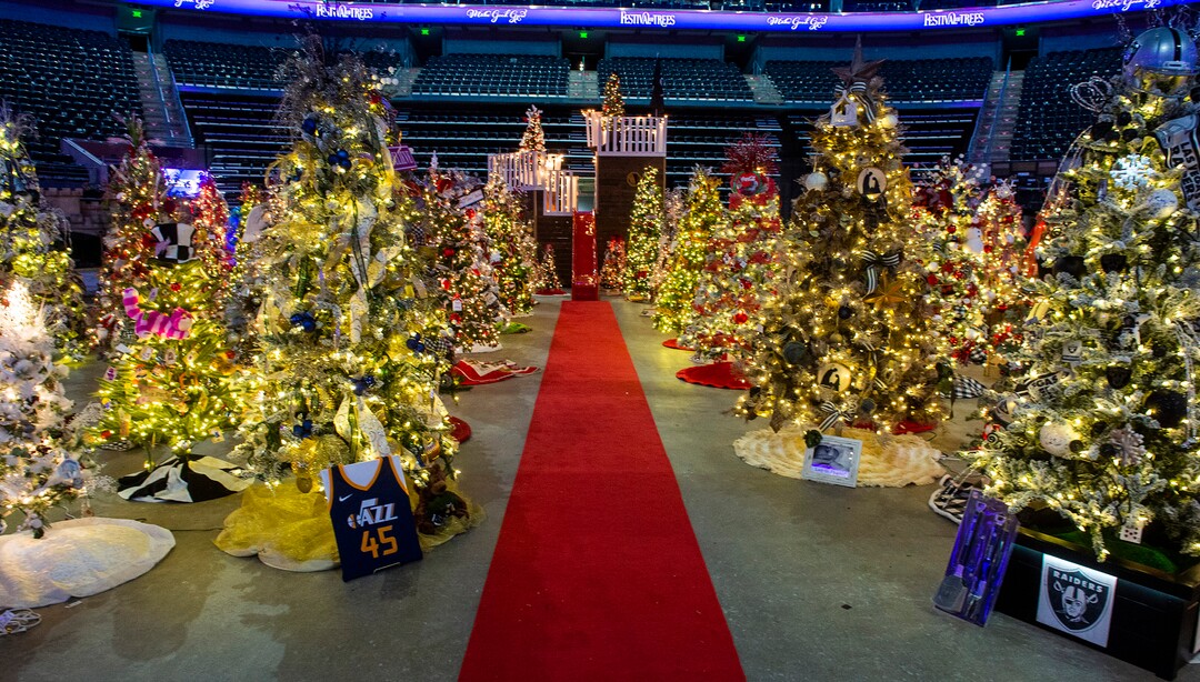 (Rick Egan | The Salt Lake Tribune) Some of the 150 trees that are a part of Festival of Trees, the Utah holiday fund-raiser for Primary Children's Hospital. This year's event, previewed to the media on Monday, Nov. 23, 2020, happens in Vivint Smart Home Arena, but will only be seen by the public online.