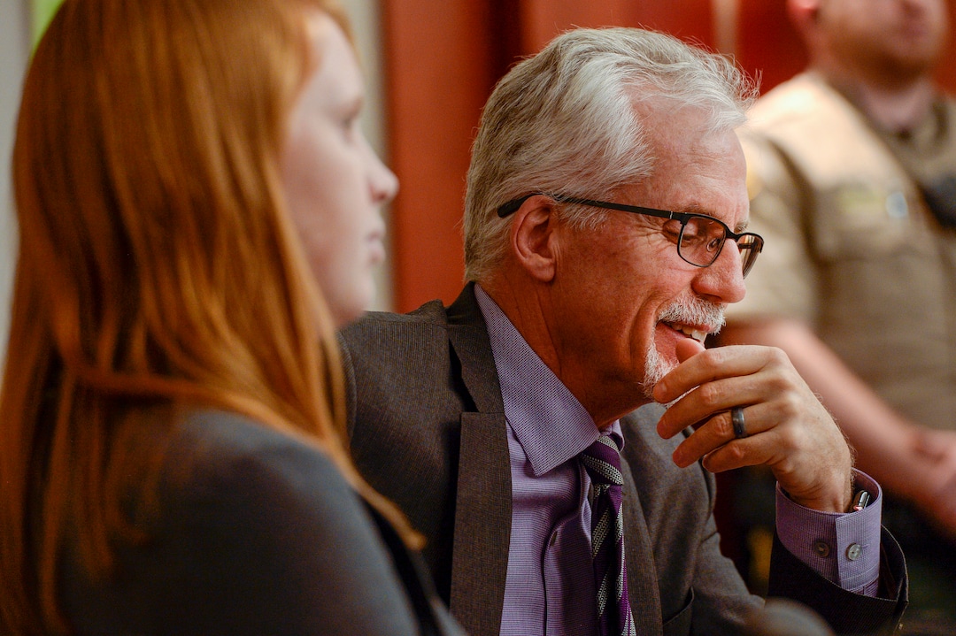 (Leah Hogsten  |  The Salt Lake Tribune) Defense attorney Randy Richards reacts to his co-counsel Leah FarrellÕs argument on behalf of plaintiff Tilli Buchanan that UtahÕs lewdness statute is unconstitutional because it discriminates against women in Judge Kara Pettit's Third District Courtroom, Nov. 19, 2019.  Buchanan is facing charges of lewdness involving a child after police say she took off her top while cleaning out the garage and her stepchildren saw her breasts. Judge Pettit is expected to rule in two months.