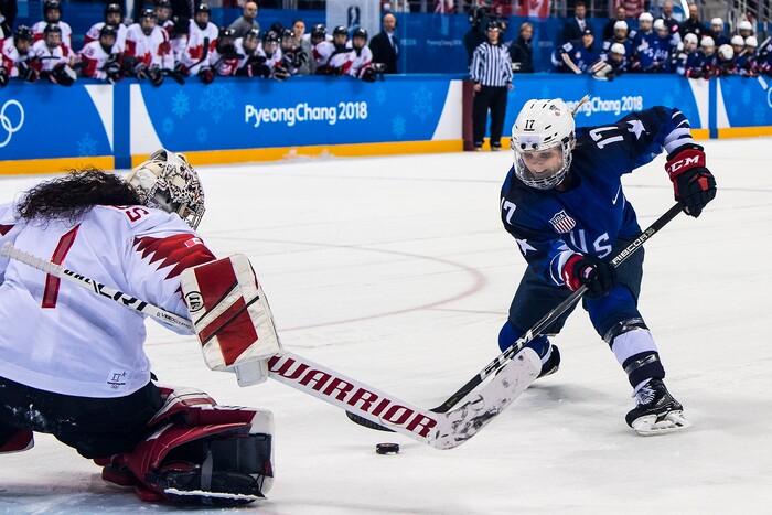 (Chris Detrick  |  The Salt Lake Tribune) United States forward Jocelyne Lamoureux-Davidson (17) shoots past Canada goaltender Shannon Szabados (1) during the Women's Gold Medal Game at Gangneung Hockey Centre during the Pyeongchang 2018 Winter Olympics Thursday, Feb. 22, 2018. United States defeated Canada 3-2 in a shootout victory. 
