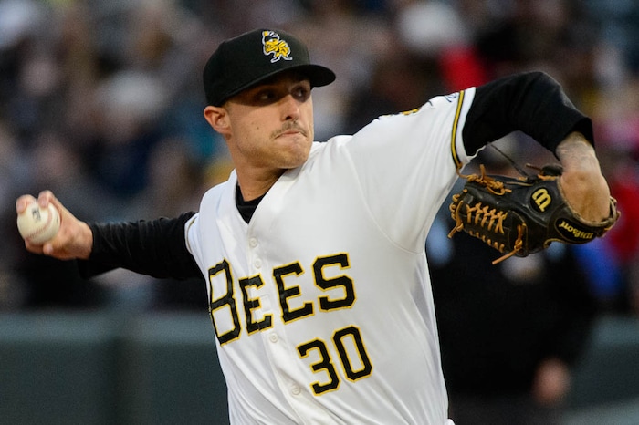 (Trent Nelson | The Salt Lake Tribune)  Salt Lake Bees vs. Albuquerque Isotopes, Triple-A baseball in Salt Lake City, Thursday April 5, 2018. Salt Lake's Ralston Cash (30) in the third inning.