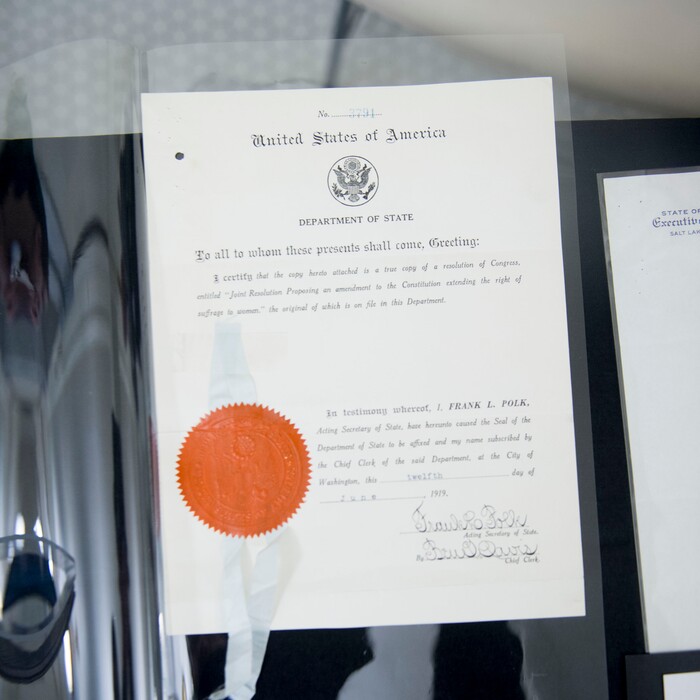 (Jeremy Harmon | The Salt Lake Tribune) Documents associated with the passage of the 19th Amendment in Utah were on display at the Utah State Capitol on October 15, 2019.