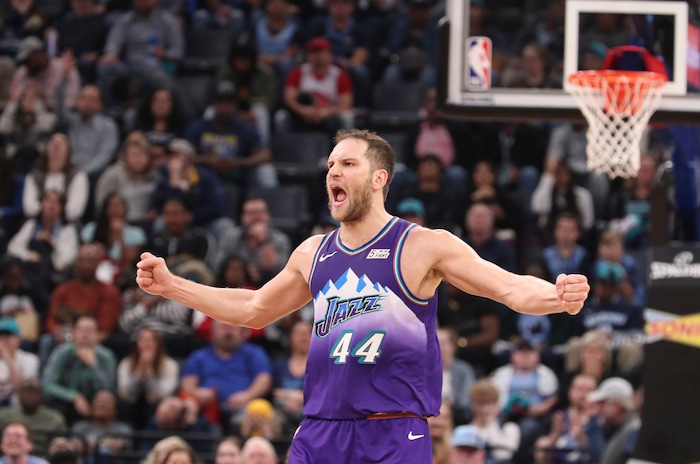 Utah Jazz forward Bojan Bogdanovic (44) reacts after he makes a basket in the second half of an NBA basketball game against the Memphis Grizzlies Friday, Nov. 29, 2019, in Memphis, Tenn. (AP Photo/Karen Pulfer Focht)
