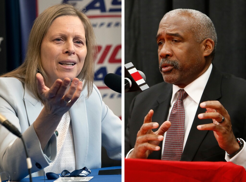 FILE - At left, in a March 12, 2020, file photo, Big East Conference Commissioner Val Ackerman speaks to reporters in New York. At right, in a Dec. 4, 2018, file photo, Ohio State athletics director Gene Smith answers questions during a news conference in Columbus, Ohio. The NCAA announced Wednesday, April 29, 2020, that its Board of Governors supports a plan that gives athletes the ability to cash in on their names, images and likenesses as never before and without involvement from the association, schools or conferences. The board on Monday and Tuesday, April 27-28, 2020, reviewed detailed recommendations put forth by a working group led by Ohio State athletic director Gene Smith and Big East Commissioner Val Ackerman. (AP Photo/File)
