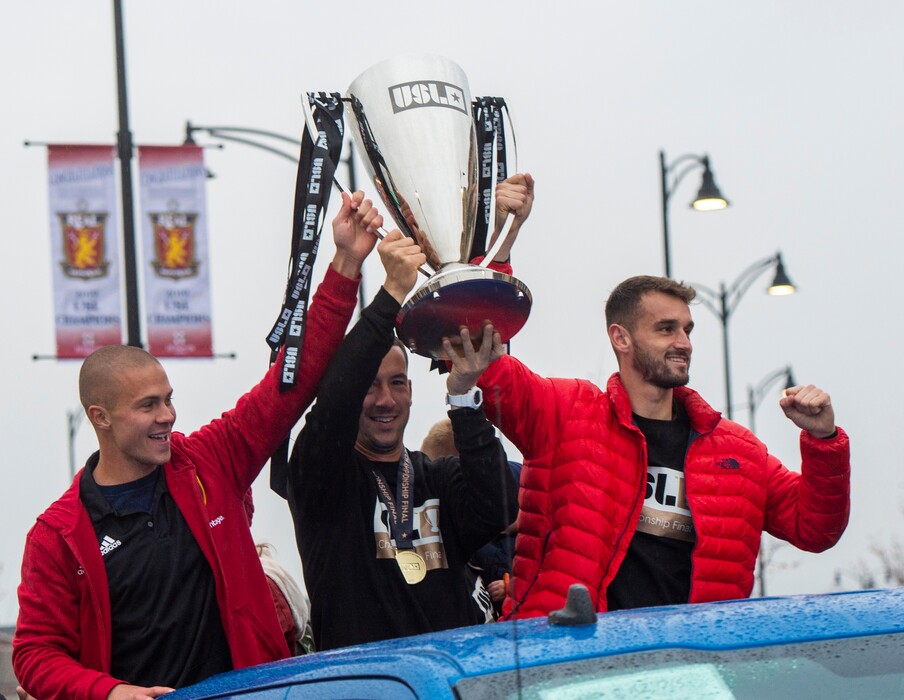 (Rick Egan  |  The Salt Lake Tribune)    The Real Monarchs celebrate their USL Cup Championship, during their championship parade at Lynn Crane Park in Herriman, Wednesday, Nov. 20, 2019.