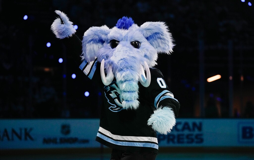 (Francisco Kjolseth | The Salt Lake Tribune) Tusky acknowledges the fans as the Utah Mammoth host the Colorado Avalanche, NHL hockey in Salt Lake City on Tuesday Oct. 21, 2025.