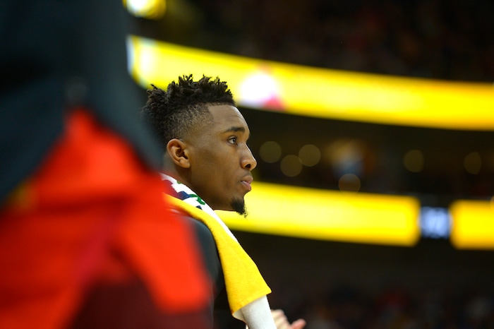 (Steve Griffin  |  The Salt Lake Tribune) Utah Jazz guard Donovan Mitchell (45) watches from the bench as the Jazz build a lead during the Utah Jazz versus Golden State Warriors at Vivint Smart Home Arena in Salt Lake City Tuesday January 30, 2018.