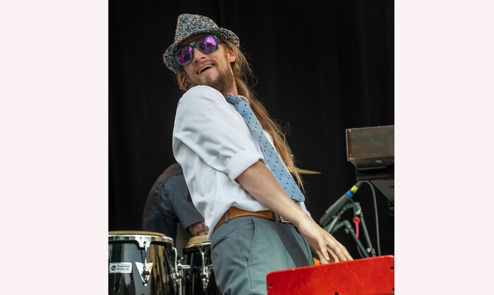 (Rick Egan | The Salt Lake Tribune) Tim Ouburg plays keybotards for the band "Superbubble" at the Salt Lake Arts Festival, on Saturday, Aug. 28, 2021.
