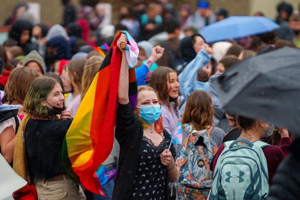 (Trent Nelson  |  The Salt Lake Tribune) Clayton Middle School students protesting HB 11, which bans transgender students from competing in sports, in Salt Lake City on Friday, April 22, 2022.