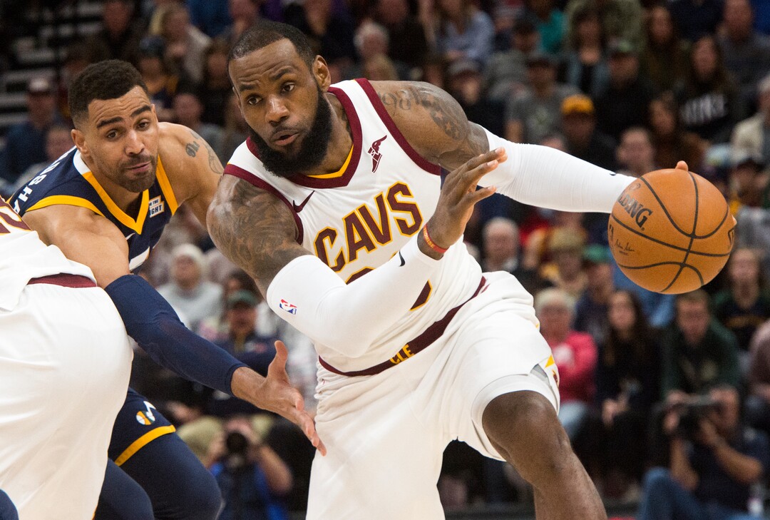 (Rick Egan  |  The Salt Lake Tribune)   Utah Utah Jazz forward Thabo Sefolosha (22) defends as Cleveland Cavaliers forward LeBron James (23) takes the ball up the middle, in NBA action Utah Jazz vs Cleveland Cavaliers, in Salt Lake City,  Saturday, December 30, 2017.