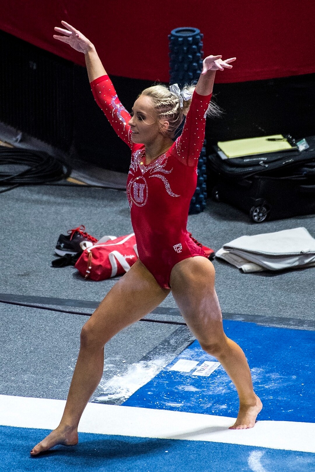 (Chris Detrick  |  The Salt Lake Tribune)  Utah's Mykayla Skinner steps out of bounds as she competes on the floor during the gymnastics meet against Brigham Young University Friday, January 5, 2018.  