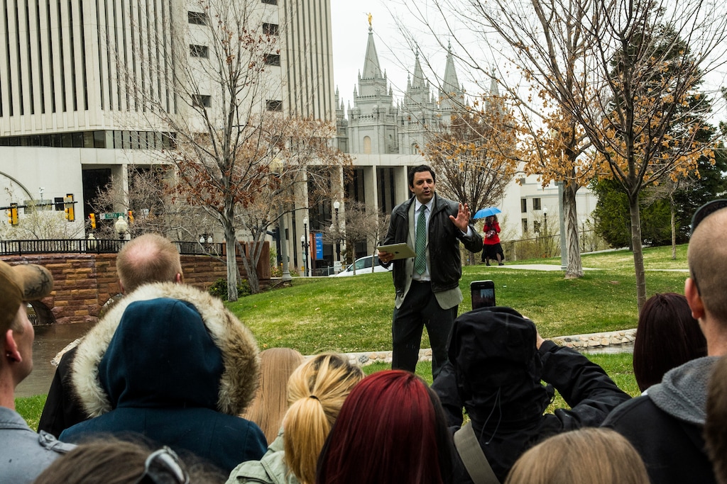 (Chris Detrick  |  The Salt Lake Tribune)
American Atheists President David Silverman speaks to atheists of Utah, ex-Mormons and disaffected, disbelieving Latter-day Saints during a march around Temple Square after the morning session of the 184th Annual General Conference of The Church of Jesus Christ of Latter-day Saints Sunday April 6, 2014. The American Atheists group is holding its national convention in Salt Lake City in two weeks, April 17-20.