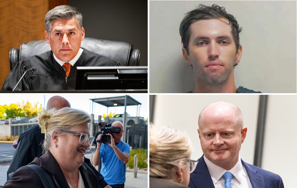 (Credits clockwise from top left: Scott G Winterton; Utah County Sheriff's Office; Laura Seitz; Trent Nelson | The Salt Lake Tribune) Clockwise from top left: Fourth District Court Judge Tony Graf; the booking photo of Tyler Robinson; Utah County prosecutor Chad Grunander; Robinson's attorney Kathryn Nester.