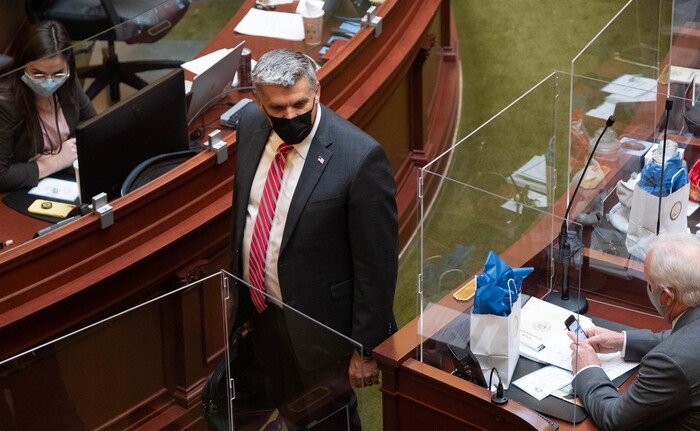 (Francisco Kjolseth  | The Salt Lake Tribune) Rep. Phil Lyman, R-Blanding, wears a mask as the House of Representatives get ready to begin the 2021 legislative session at the Capitol in Salt Lake City on Tuesday, Jan. 19, 2021.
