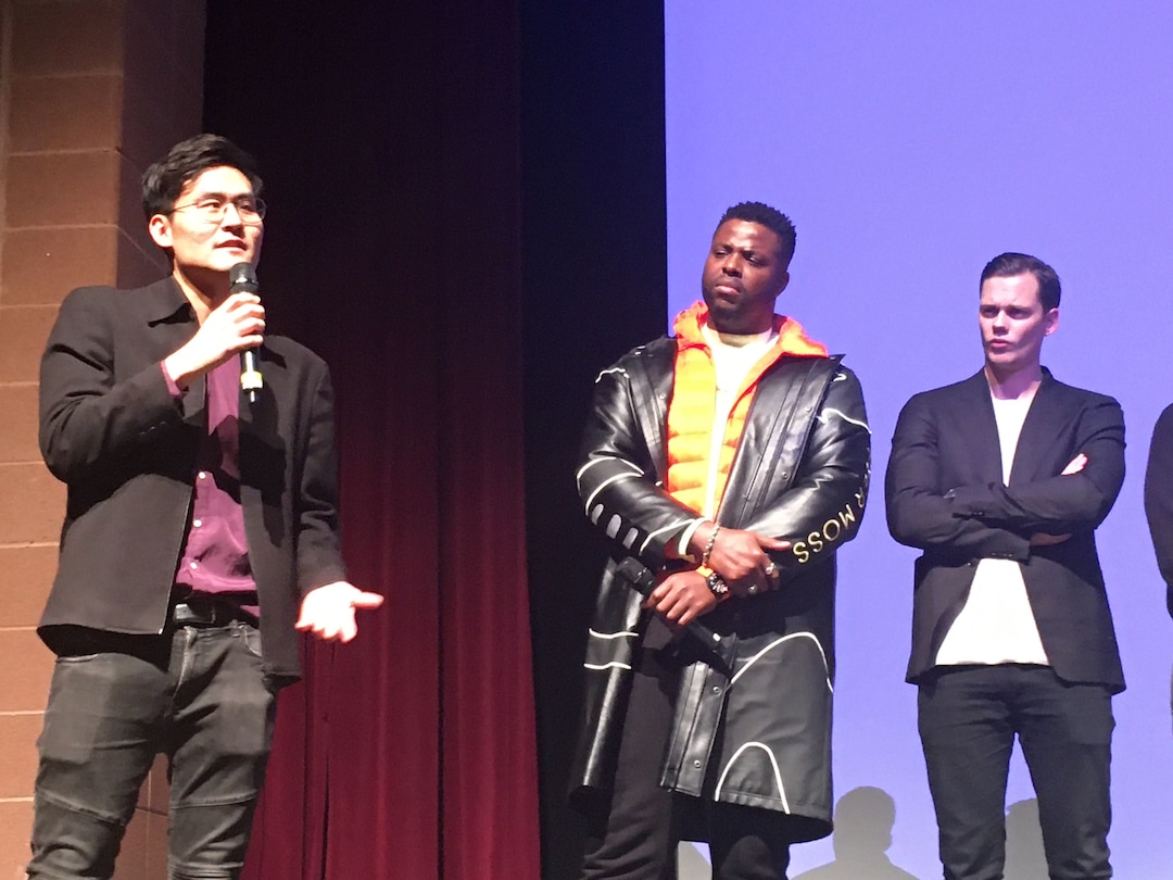 (Sean P. Means | The Salt Lake Tribune) Filmmaker Edson Oda, left, speaks during the Q&A after the world premiere of his drama “Nine Days,” at the Eccles Theatre in Park City, Utah, on Monday, Jan. 27, at the 2020 Sundance Film Festival. Standing next to Oda are actors Winston Duke and Bill Skarsgard.