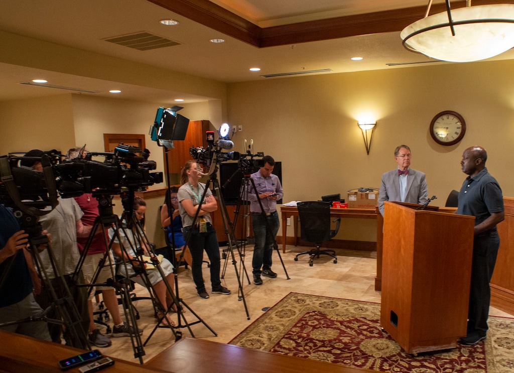 (Rick Egan  |  The Salt Lake Tribune)      Aden Batar, Immigration and Refugee Resettlement director for Catholic Community Services, talks about the asylee crisis, during a news conference  to address the current refugee crisis and how it’s impacting refugees in Utah and elsewhere. Thursday, July 25, 2019.