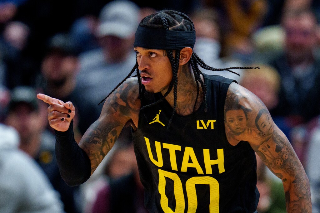 (Trent Nelson  |  The Salt Lake Tribune) Utah Jazz guard Jordan Clarkson (00) after hitting a three-pointer as the Utah Jazz host the Memphis Grizzlies, NBA basketball in Salt Lake City on Wednesday, Nov. 1, 2023.