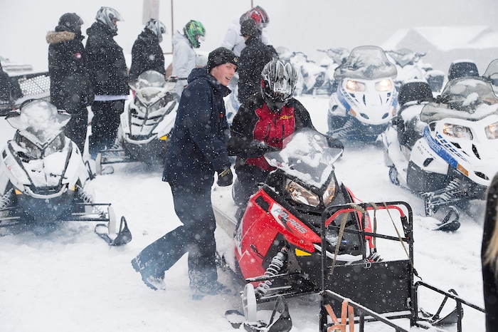 (Scott Sommerdorf   |  The Salt Lake Tribune)   
Staff gives renters a last minute prep on the trails as they were ready to head out on their rented snowmobiles at Daniel Summit Saturday, December 23, 2017. While the number of snowmobile licenses in Utah is declining, trail usage is up dramatically.  