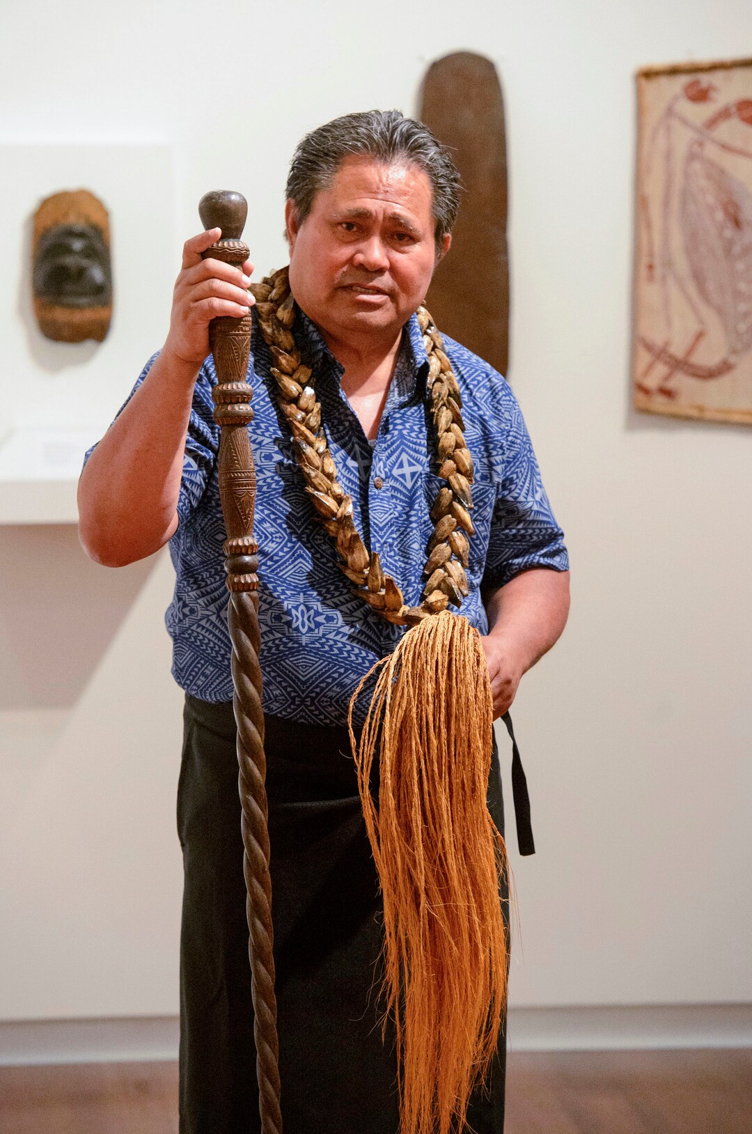 (Steve Griffin  |  The Salt Lake Tribune)  High Talking Chief Namulauulu Tavan joins members of Salt Lake City's Pacific Islander community as he blesses the Arts of the Pacific gallery in the newly renovated Utah Museum of Fine Arts on the University of Utah campus in Salt Lake City Tuesday August 8, 2017.  Elders from the local Maori and Samoan communities performed ceremonial dances, chants and oration to welcome the objects back on view and to thank Museum staff for continued care of their cultural objects.