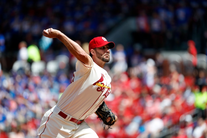 St. Louis Cardinals starting pitcher Adam Wainwright throws during the first inning of a baseball game against the New York Mets Saturday, July 8, 2017, in St. Louis. (AP Photo/Jeff Roberson)