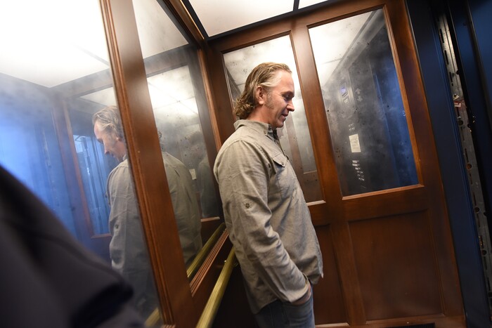 (Francisco Kjolseth  |  The Salt Lake Tribune)  Caffe Molise chef and owner Fred Moesinger takes a ride in the elevator of their new location inside the old (but completely updated) Eagle Building on the southwest corner of 400 South and West Temple.